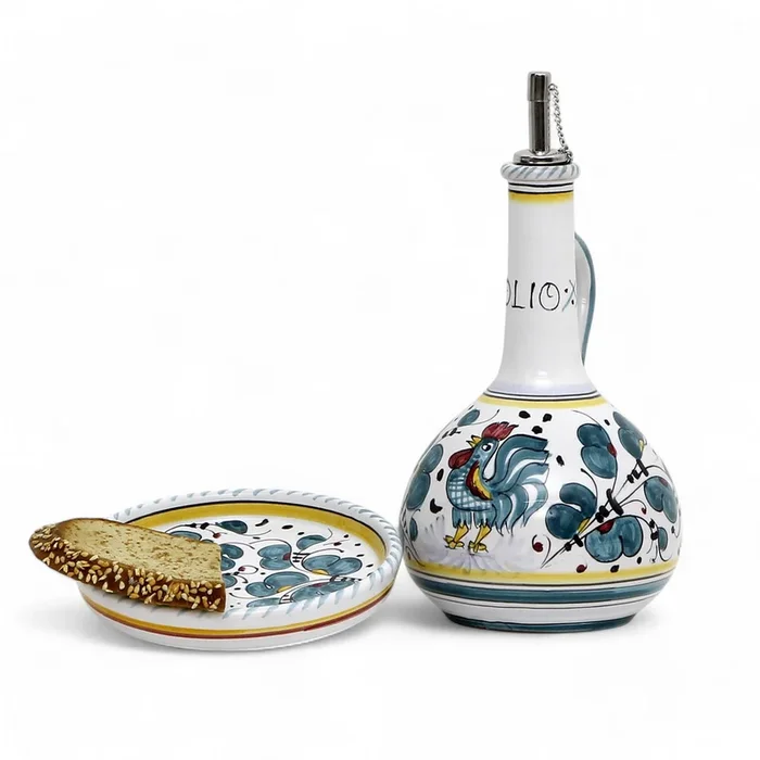 ORVIETO GREEN ROOSTER: Olive Oil Bottle Dispenser Deluxe with Dipping Bowl Tray