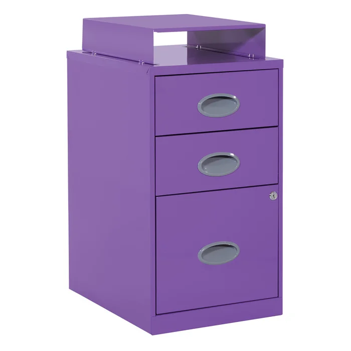 OSP Home Furnishings 3 Drawer Locking Metal File Cabinet w/ Top Shelf in Purple