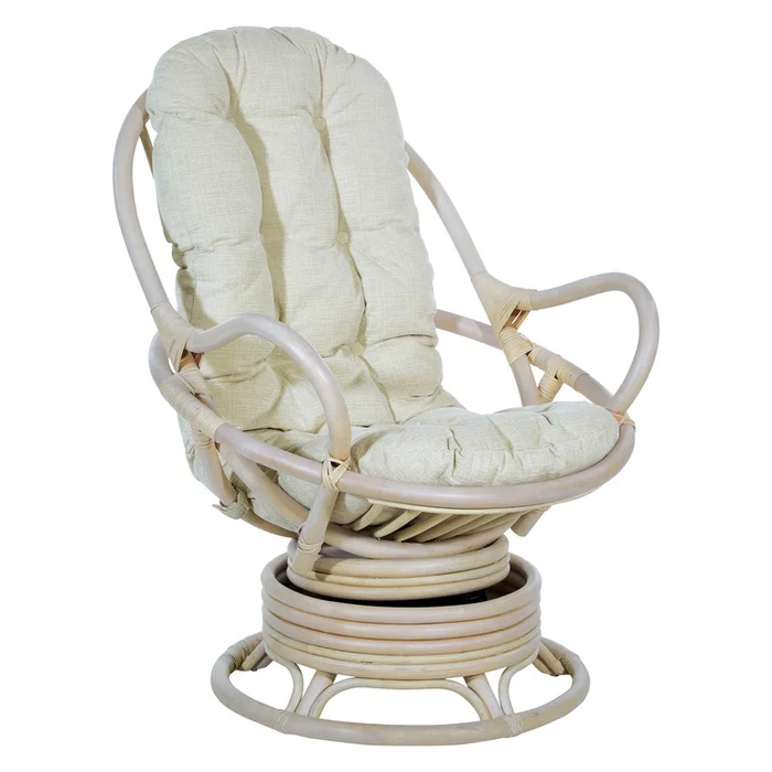 OSP Home Furnishings Lanai Rattan Swivel Rocker Chair in Linen Fabric with White Wash Frame