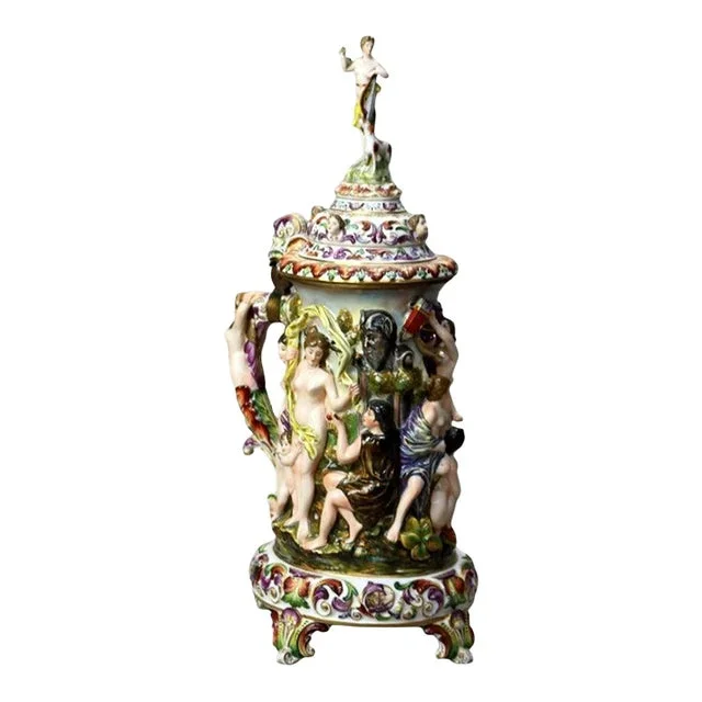 Oversized Antique Majolica Figural Footed Tankard With Classical Scene, Circa 1890