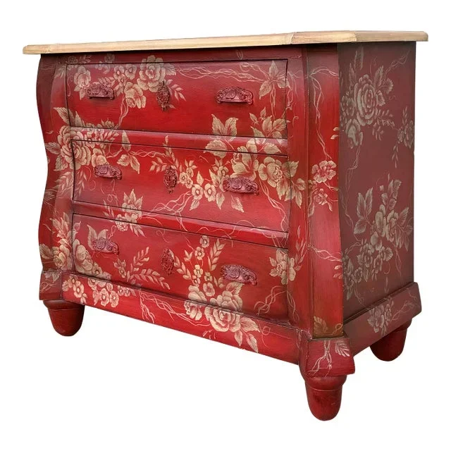 Paint Decorated Three Drawer Bombe Chest