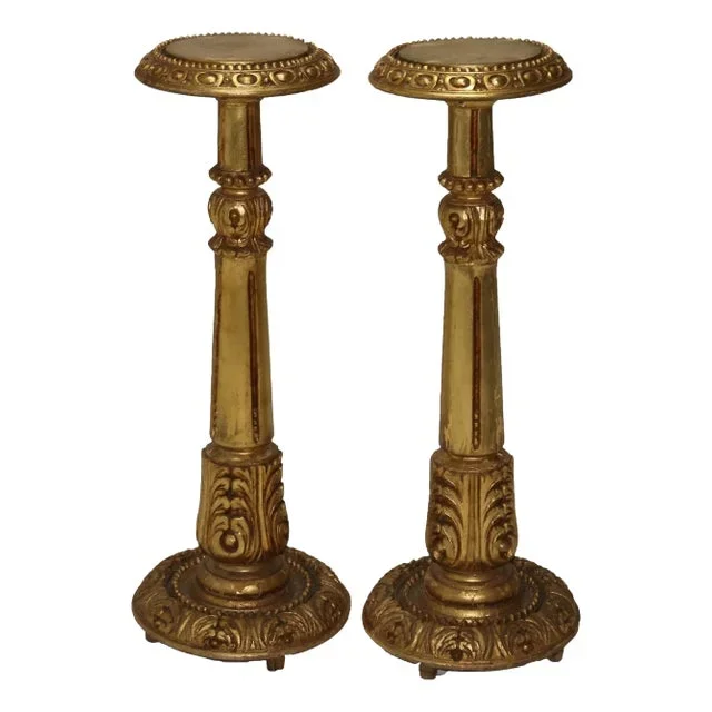 Pair Antique Neoclassical Giltwood Sculpture Display Stands with Acanthus C1930