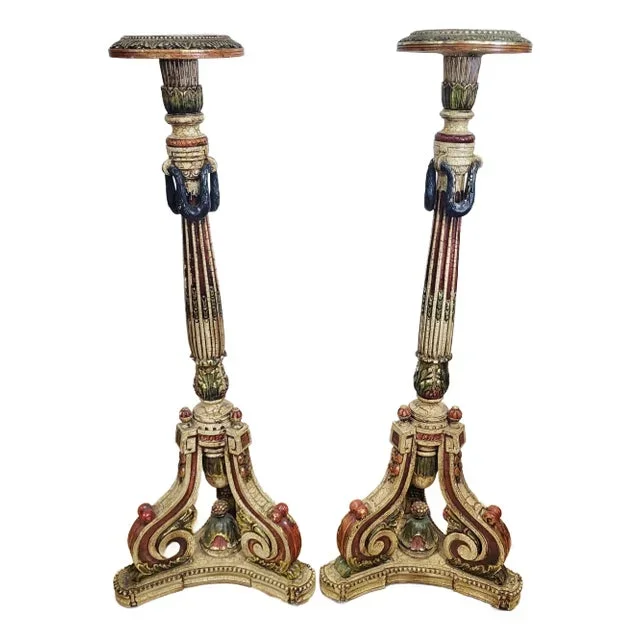 Pair of Italian Venetian Style Polychrome Painted Carved Wood Pedestal Fern Stands