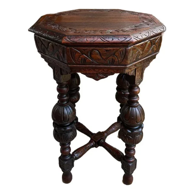 Petite Antique French Octagon Center Side Table Renaissance Carved Oak C1890