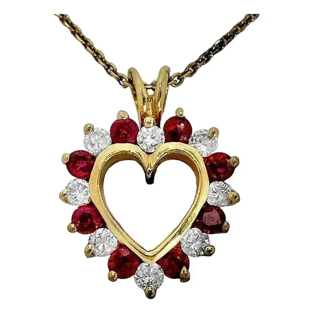 Petite Modern Gold Heart Pendant with Rubies and Diamonds