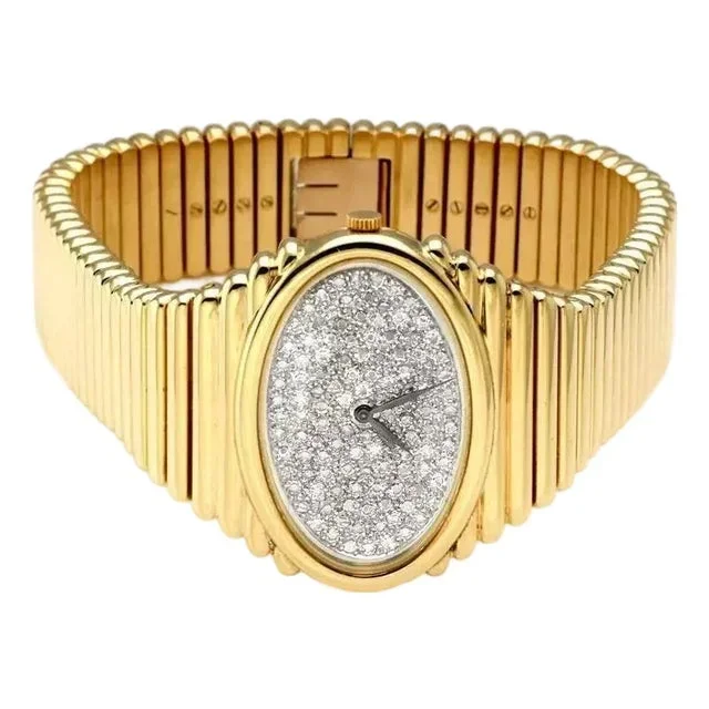 Piaget Heavy Oval Watch One Carat Rose Cut Diamond 18k Yellow Gold Hand Wind