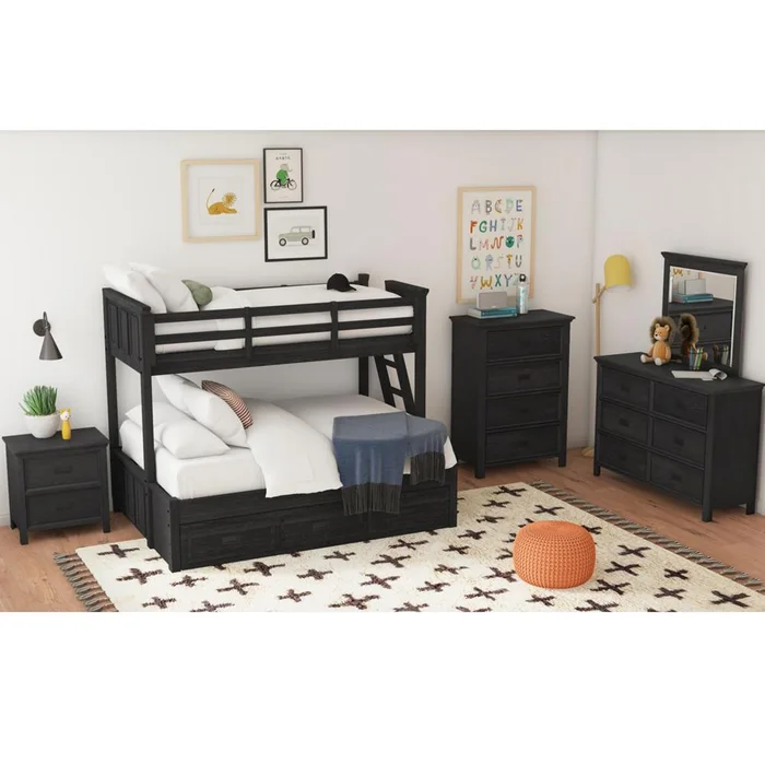 Picket House Furnishings – Brooklyn Kids Twin Over Full Bunk with Ladder and Trundle 5PC Bedroom Set in Charcoal – Y-15760-8-B5-5PC