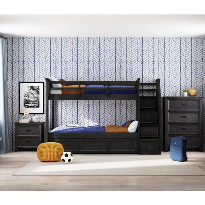 Picket House Furnishings – Brooklyn Kids Twin Over Twin Bunk with Staircase and Trundle 3PC Bedroom Set in Charcoal – Y-15760-8-B3-3PC