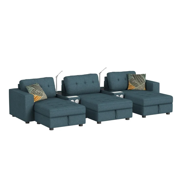 Picket House Furnishings – Harleigh 8PC Living Room Set in Palmer Plus Teal with Media Console – U-15020-11407-8PC