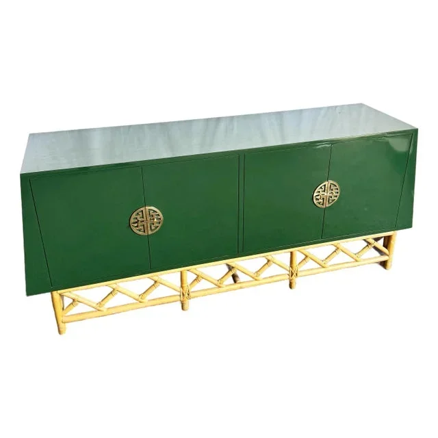 Postmodern Chinoiserie Green Lacquer Laminate Rattan Dresser With Brass Accents