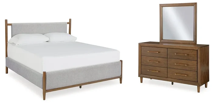Queen Upholstered Bed, Dresser And Mirror