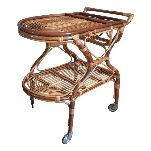 Rattan and Bamboo Bar Cart with Wheels Design Italia Tropical Mid-Century 1960