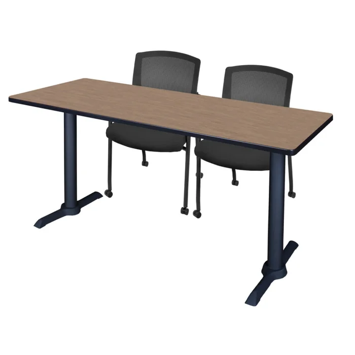 Regency Cain 72 x 24 in. T-Base Training Seminar Table- Noble Oak Tabletop, Black Base & 2 Knight Mesh Chairs