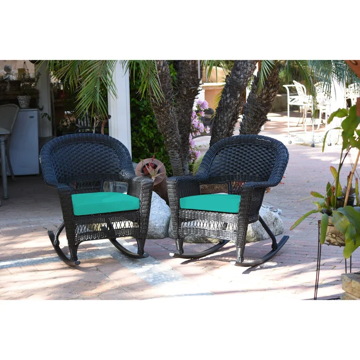 Resin Wicker Rocker Chair with Turquoise Cushion, Steel Frame, Stackable, 3.5 Cushions