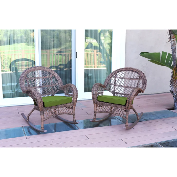 Resin Wicker Rocker Chairs with Green Cushions – Set of 2, Stackable & Durable Steel Frame, Easy Clean