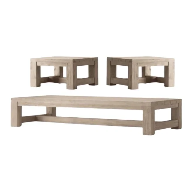 RH French Beam Teak Outdoor Tables in Weathered Teak Finish, 3 Pieces