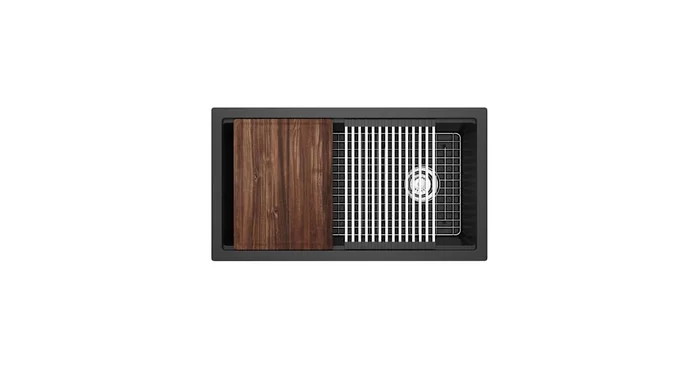 Riobel Fonsa 33″ Undermount Single Basin Quartz Composite Kitchen Sink with Basin Rack, Basket Strainer and Cutting Board