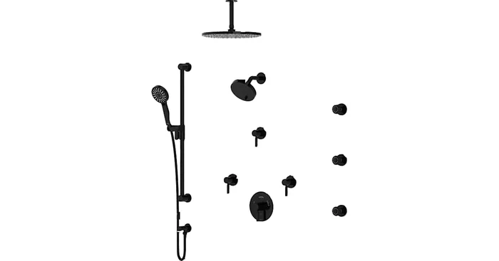 Riobel Riu Thermostatic Shower System with Shower Head, Hand Shower, Slide Bar, Bodysprays, Shower Arm, Hose, and Valve Trim