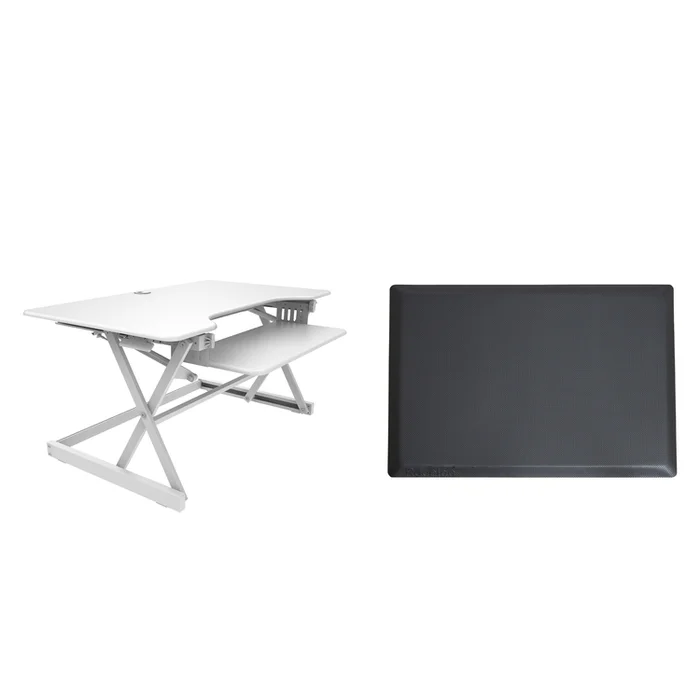 Rocelco 40″ Large Height Adjustable Standing Desk Converter with Anti Fatigue Mat BUNDLE – Quick Sit Stand Up Computer Workstation Riser – Retractable Keyboard Tray – White (R DADRW-40-MAFM)