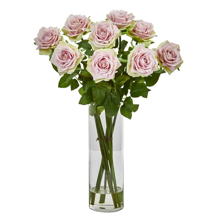 Romantic Artificial Rose Arrangement in Clear Cylinder Vase – Nearly Natural