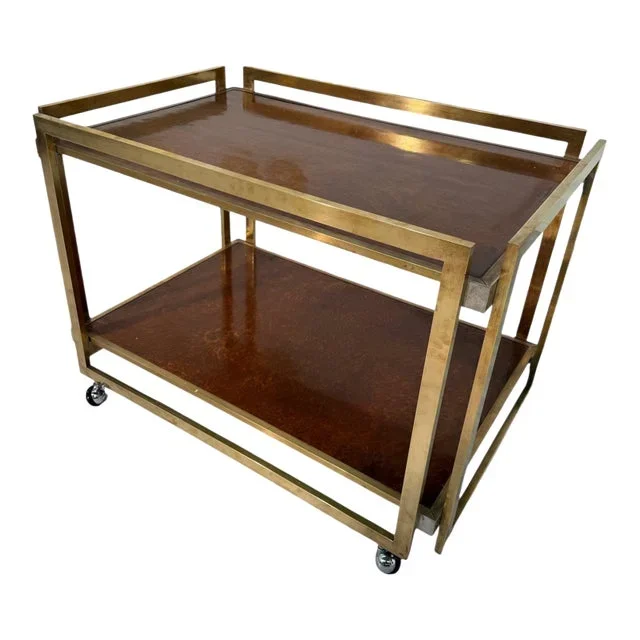 Romeo Rega Brass and Burl Wood Bar Cart. Italy 1970s