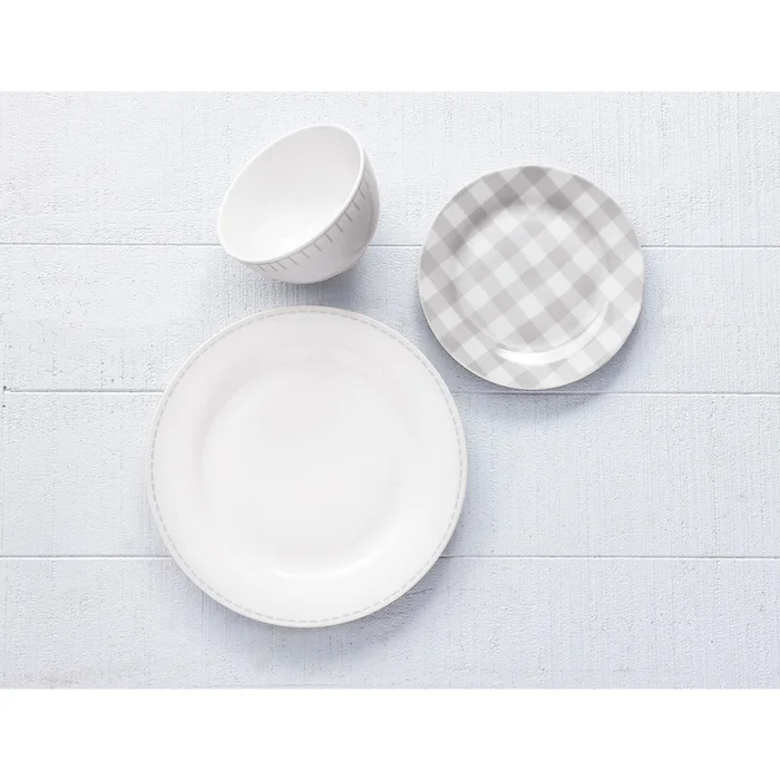 S & Co. Dinnerset 12PC Rim Rustic Cottage Grey/White