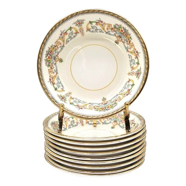 Set of 10 Aynsley “Henley” Bone China Fruit or Dessert Bowls – Gold Trim English Scroll Design