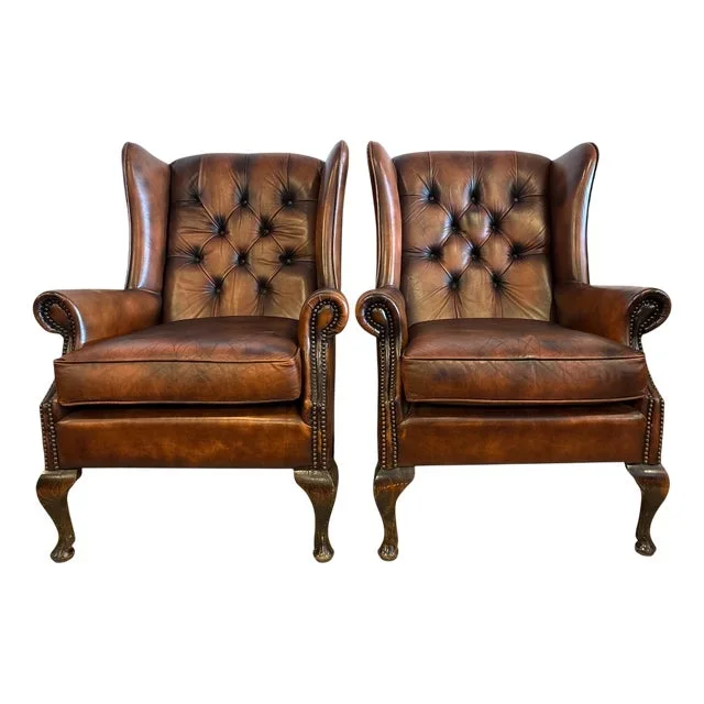 Set of English Leather Wingback Armchairs