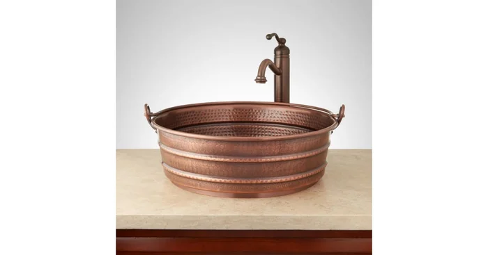 Signature Hardware 17″ Copper Bucket Vessel Bathroom Sink with Decorative Copper Handles