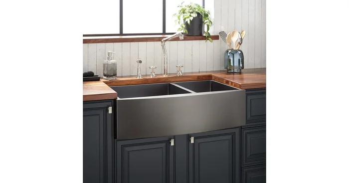 Signature Hardware Atlas 36″ Farmhouse 60/40 Double Basin Stainless Steel Kitchen Sink with Curved Apron
