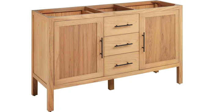 Signature Hardware Ayanna 60″ Freestanding Mindi Wood Double Basin Vanity – Cabinet Only – Less Vanity Top