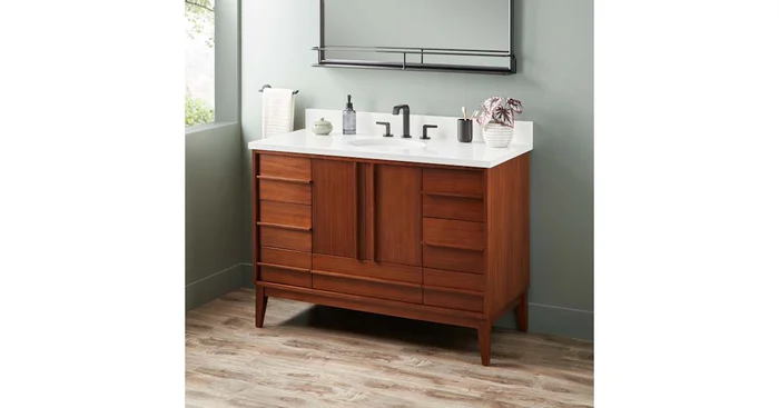Signature Hardware Sybill 48″ Freestanding Mahogany Single Basin Vanity Set with Cabinet, Vanity Top, and Oval Porcelain Sink – 8″ Faucet Holes