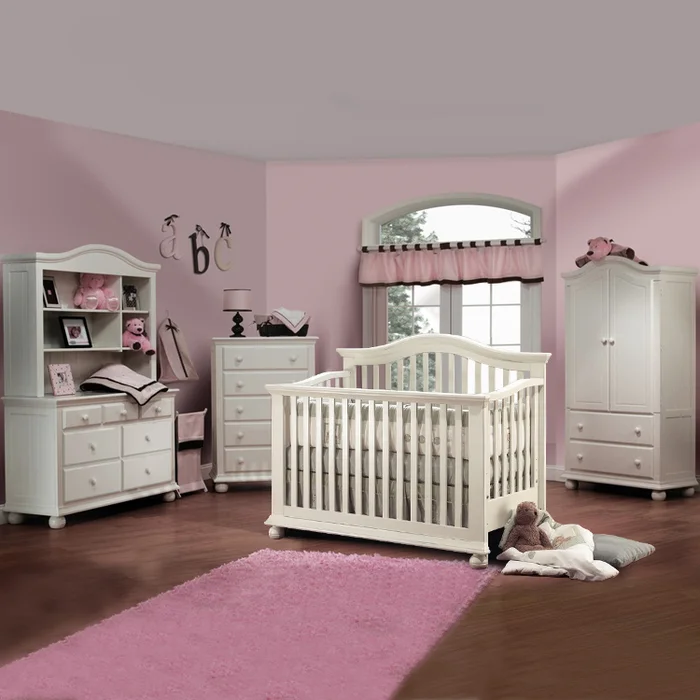 Sorelle 5 Piece Nursery Set – Vista 4 in 1 Pine Convertible Crib, Double, Hutch, 5 Drawer Dresser and Armoire in French White