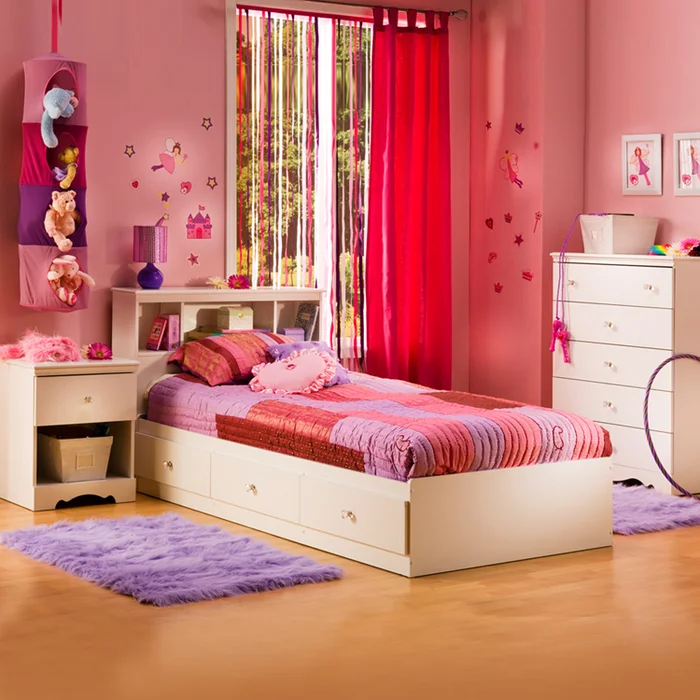 SouthShore 4 Piece Bedroom Set – Crystal Twin Bookcase Headboard, Twin Mates Bed, 5 Drawer Chest and Nightstand in Pure White