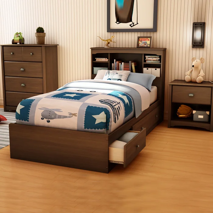 SouthShore 4 Piece Bedroom Set – Willow Twin Bookcase Headboard, Twin Mates Bed, 4 Drawer Chest and Nightstand in Cherry
