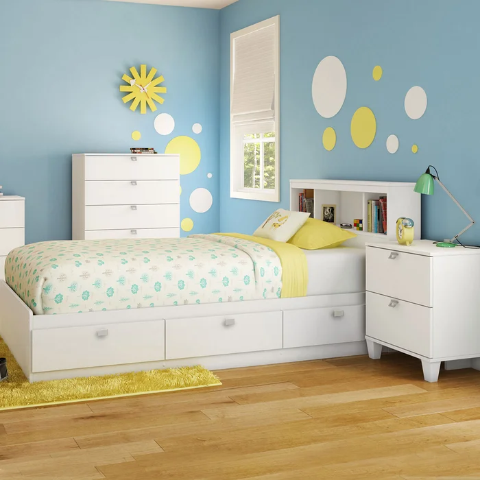 SouthShore Karma 4 Piece Bedroom Set – Karma Full Mates Bed, Bookcase Headboard, 5 Drawer Chest and Nightstand in Pure White