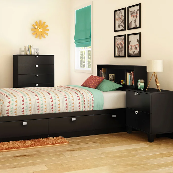 SouthShore Karma 4 Piece Bedroom Set – Karma Twin Mates Bed, Bookcase Headboard, 5 Drawer Chest and Nightstand in Pure Black