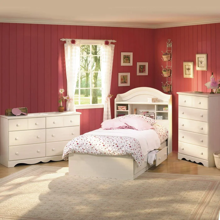 SouthShore Summer Breeze 4 Piece Bedroom Set – Summer Breeze Twin Mates Bed, Bookcase Headboard, Double Dresser and 5 Drawer Chest in Vanilla Cream