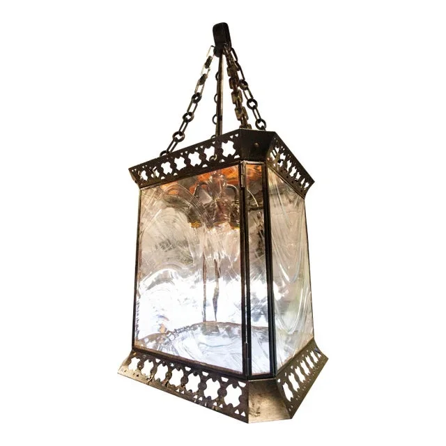 Spanish Revival Square Cut Pendant Light With Wavy Glass