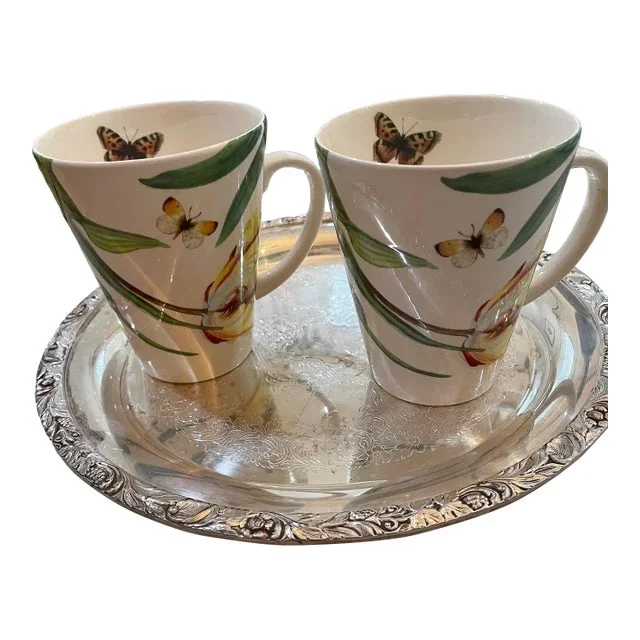 Spode Floral Haven Latte Butterfly Motif Bone China Mugs, Made in England- Set of 2
