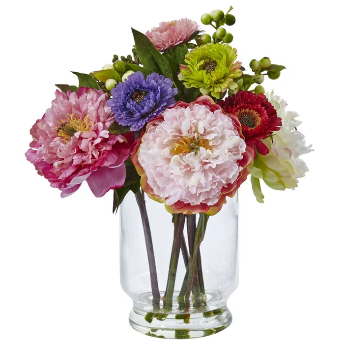 Spring Florals Glass Vase with Peony and Mum Arrangement – Nearly Natural