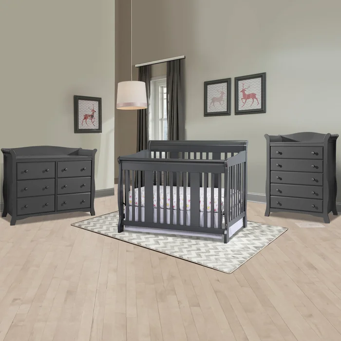 Storkcraft Tuscany 3 Piece Nursery Set – Convertible Crib, Avalon 5 Drawer Dresser and 6 Drawer Dresser in Gray