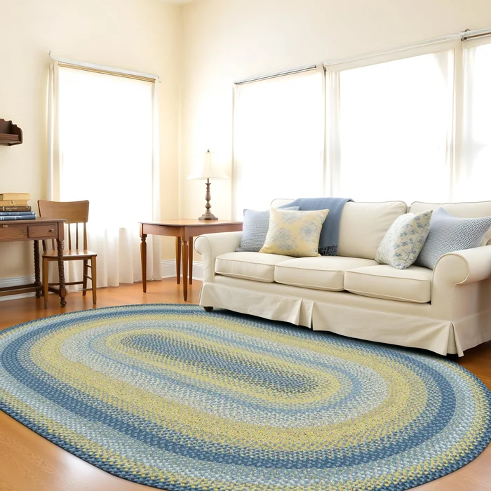 Sunflowers Blue – Gold Cotton Braided Oval Rugs