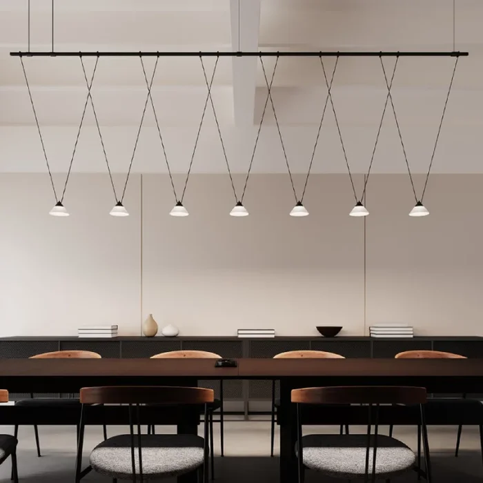 Suspenders® / 8′ Linear 1-Tier with V-Line Etched Glass Cone Pendant Lights / Satin Black