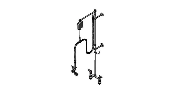 T and S Brass 0.65 GPM 8″ Deck Mounted Food Service Faucet with 24″ Riser, Spray Valve, and 68″ Hose with Overhead Swivel Extension Arm
