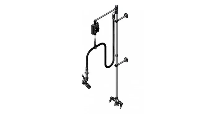 T and S Brass 0.65 GPM Deck Mounted Food Service Faucet with 24″ Riser, Spray Valve, and 44″ Hose – Includes Overhead Swivel Extension Arm with Balancer