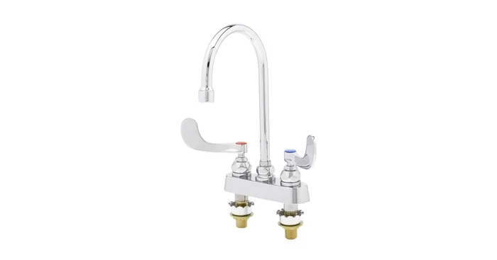 T and S Brass 1.2 GPM 4″W Deck Mounted Utility Faucet with 5-3/4″ Swivel Gooseneck Spout