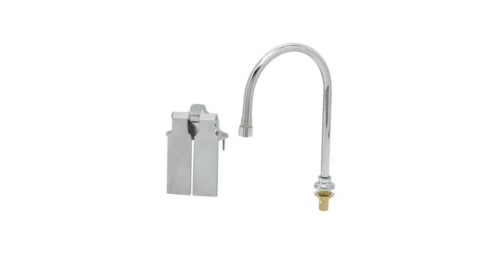 T and S Brass 1.2 GPM Deck Mounted Fixed Gooseneck Spout with Wall Mounted Double Pedal Valve