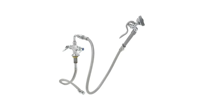T and S Brass 1.42 GPM Deck Mounted Mixing Faucet with Angled Spray Valve and 44″ Flexible Stainless Steel Hose – Includes Wall Hook and Add-On Faucet