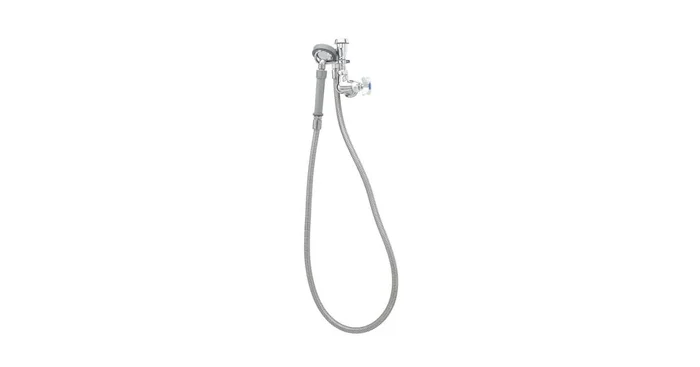 T and S Brass 1.42 GPM Wall Mounted Single Hole Faucet with Angled Spray Head and 68″ Flexible Stainless Steel Hose – Includes Finger Hook and Cross Handle